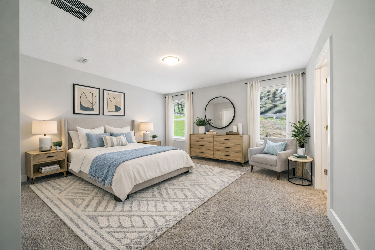 Contemporary coastal bedroom design with art